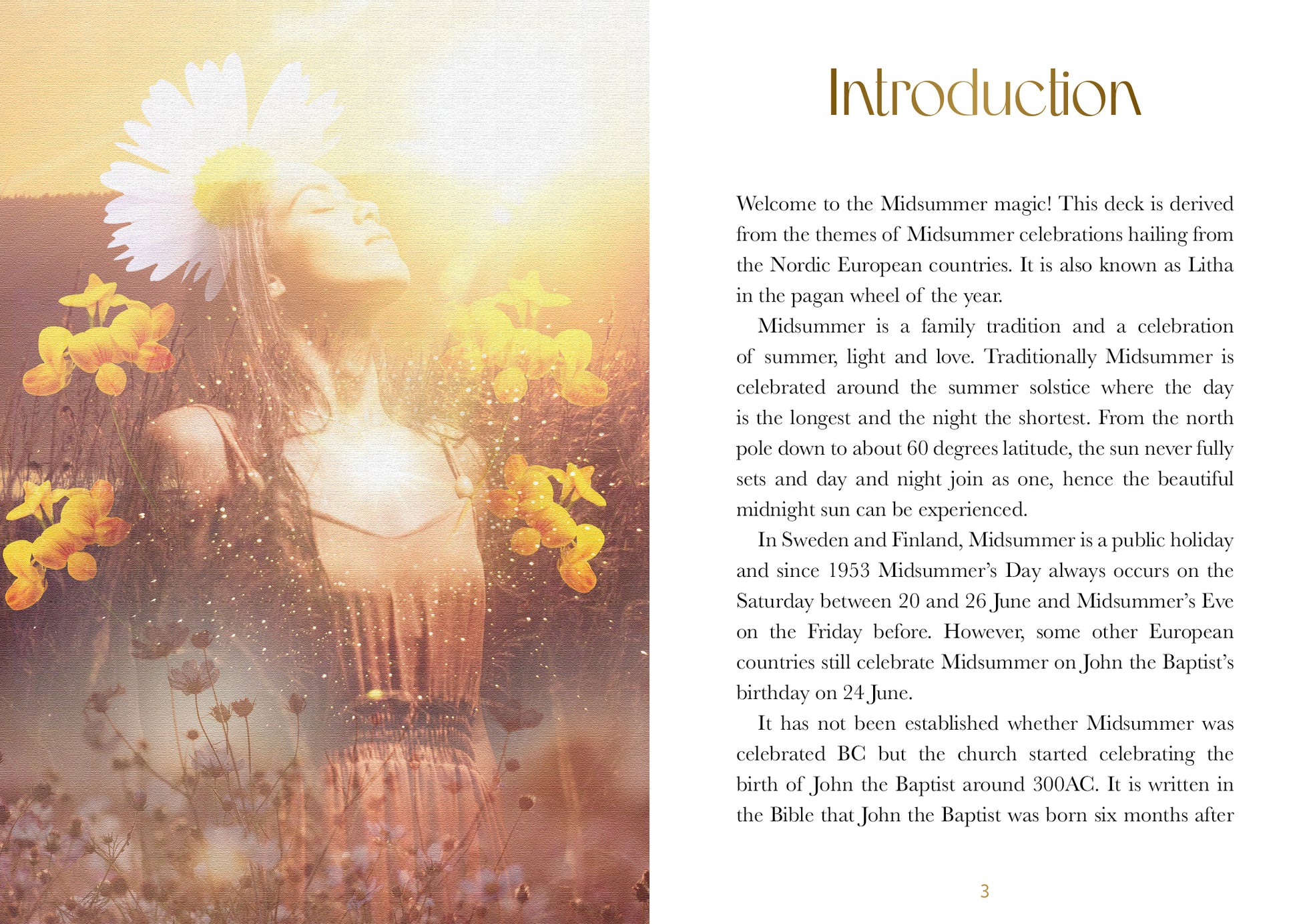 Book page with Midsummer celebration theme, featuring a person holding flowers and a candle.