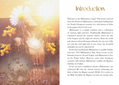Book page with Midsummer celebration theme, featuring a person holding flowers and a candle.