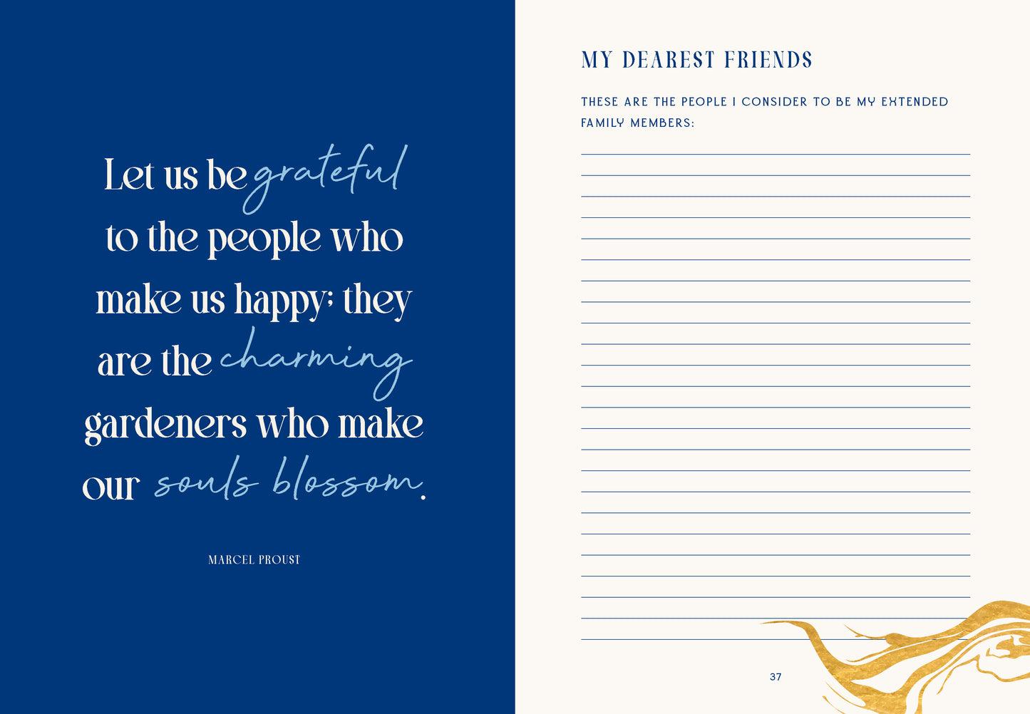 Book page with a quote on a blue background and a lined page on a white background.