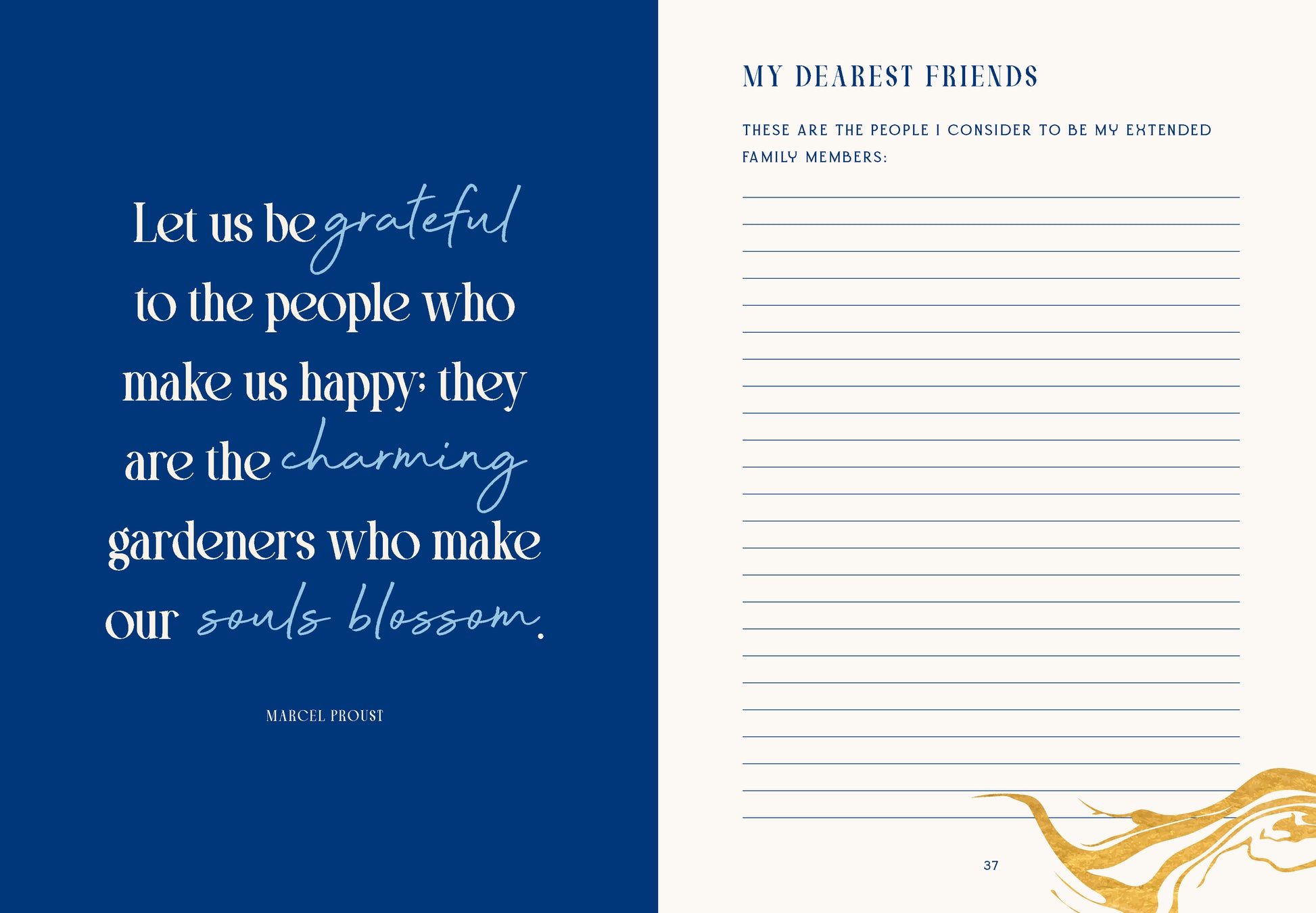Book page with a quote on a blue background and a lined page on a white background.