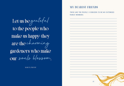 Book page with a quote on a blue background and a lined page on a white background.