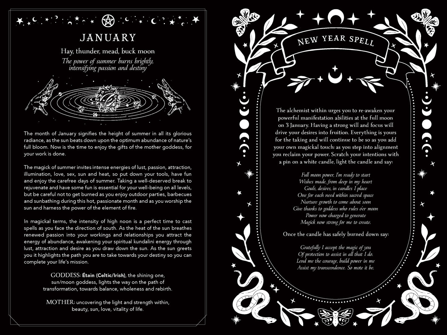 Magical spellbook page for January with astrological symbols and text on a black background.