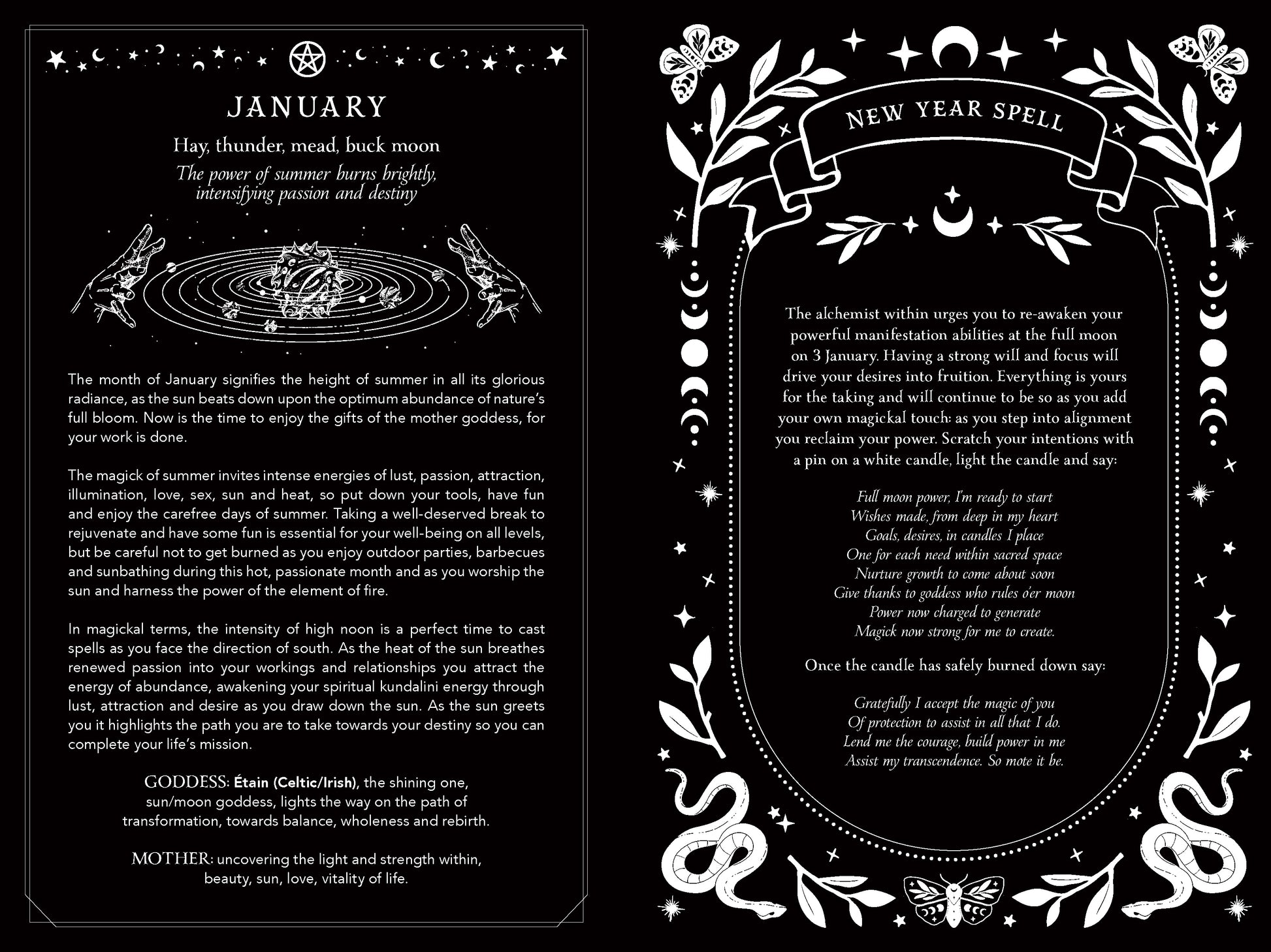 Magical spellbook page for January with astrological symbols and text on a black background.