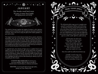 Magical spellbook page for January with astrological symbols and text on a black background.