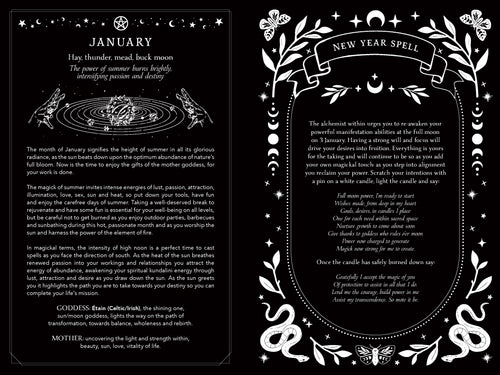 Magical spellbook page for January with astrological symbols and text on a black background.