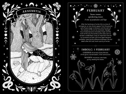 Illustration of a woman in a forest with astrological and botanical elements on a black background.
