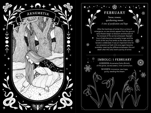Illustration of a woman in a forest with astrological and botanical elements on a black background.