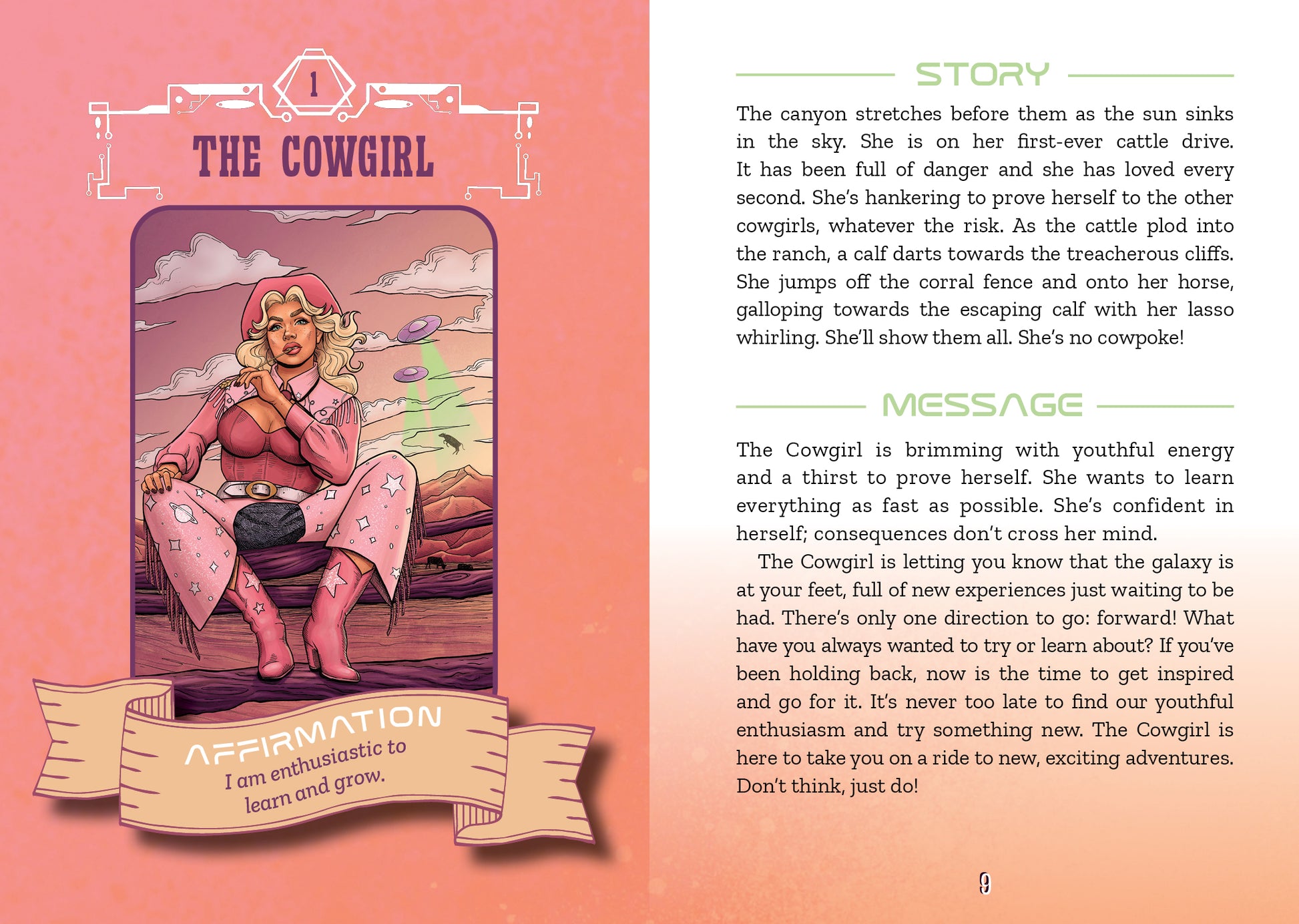 Illustration of a cowgirl with a desert landscape and text on a pink background