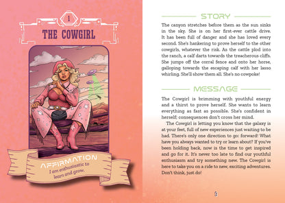 Illustration of a cowgirl with a desert landscape and text on a pink background