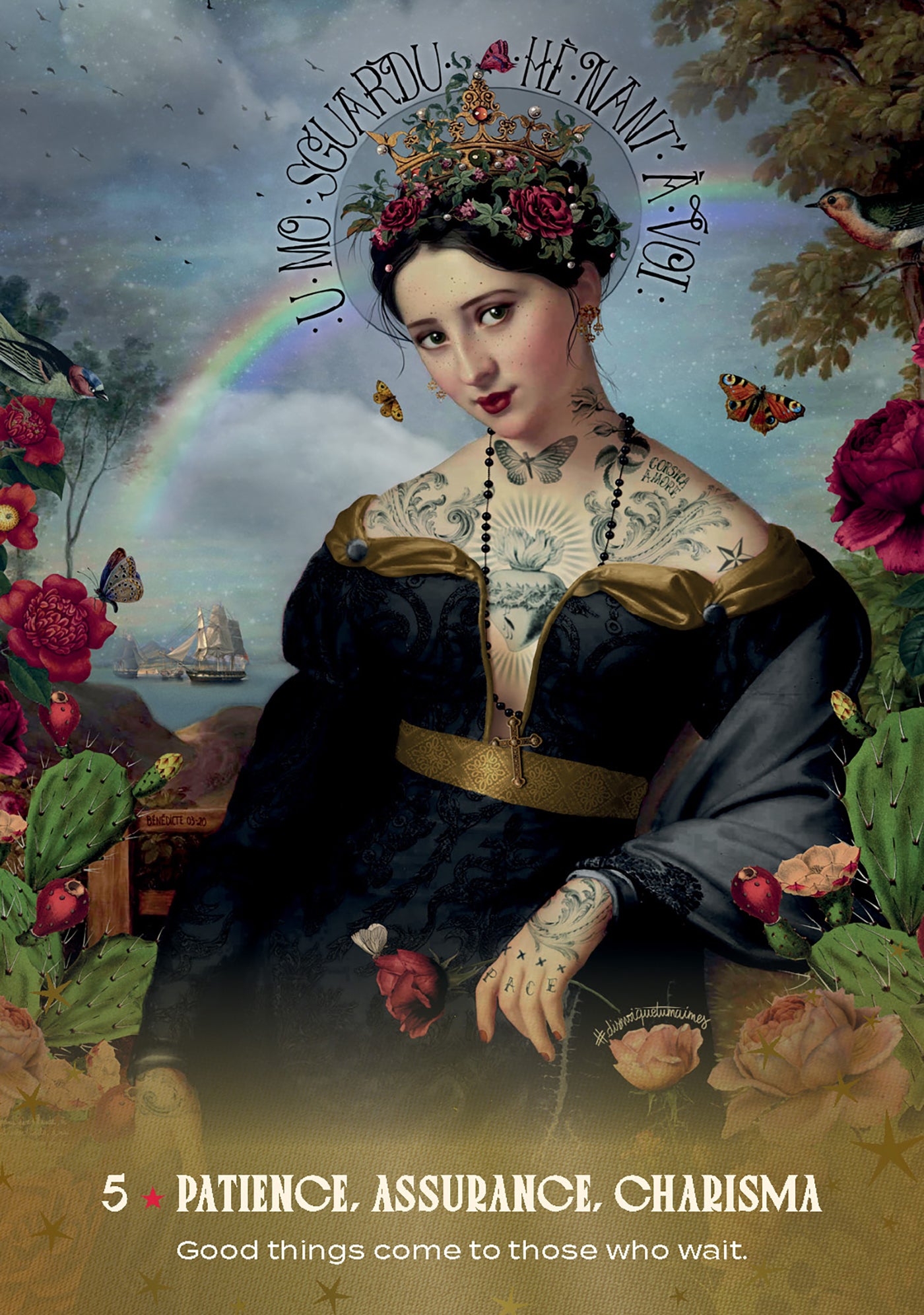Woman with tattoos and flowers in a fantasy setting with text 'Patience, Assurance, Charisma'.