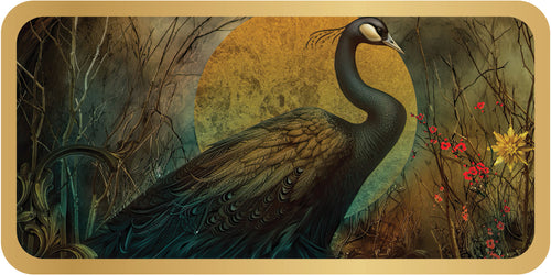 Peacock in a natural setting with flowers and trees on a decorative mat.