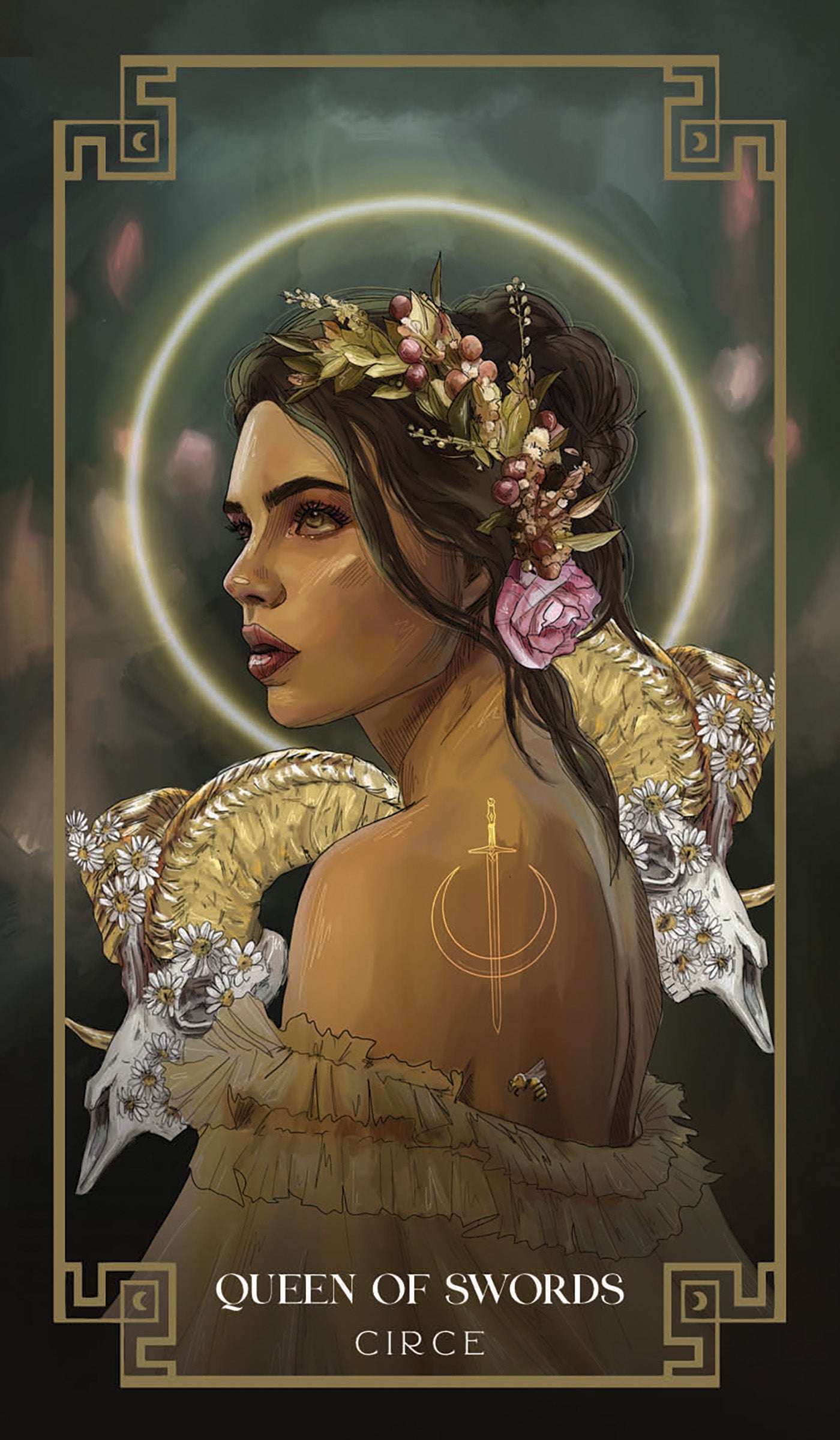 Illustration of a woman with a floral crown and gold headdress, labeled 'Queen of Swords Circe'.