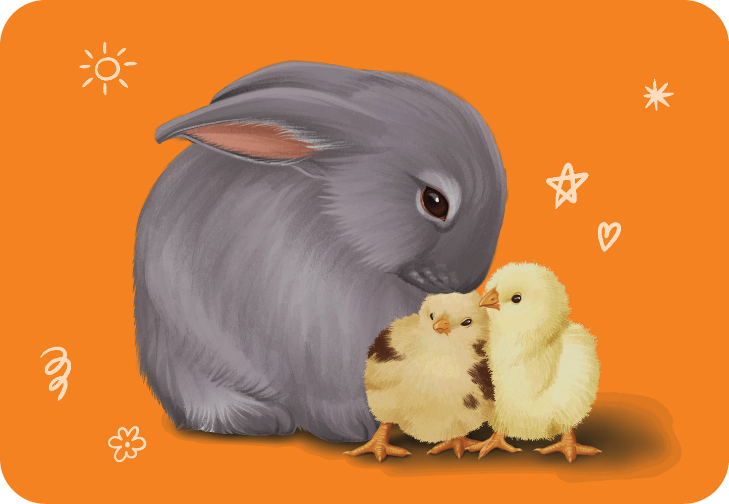 Gray rabbit with three chicks on an orange background