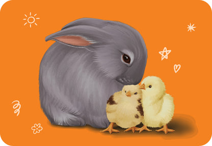 Gray rabbit with three chicks on an orange background