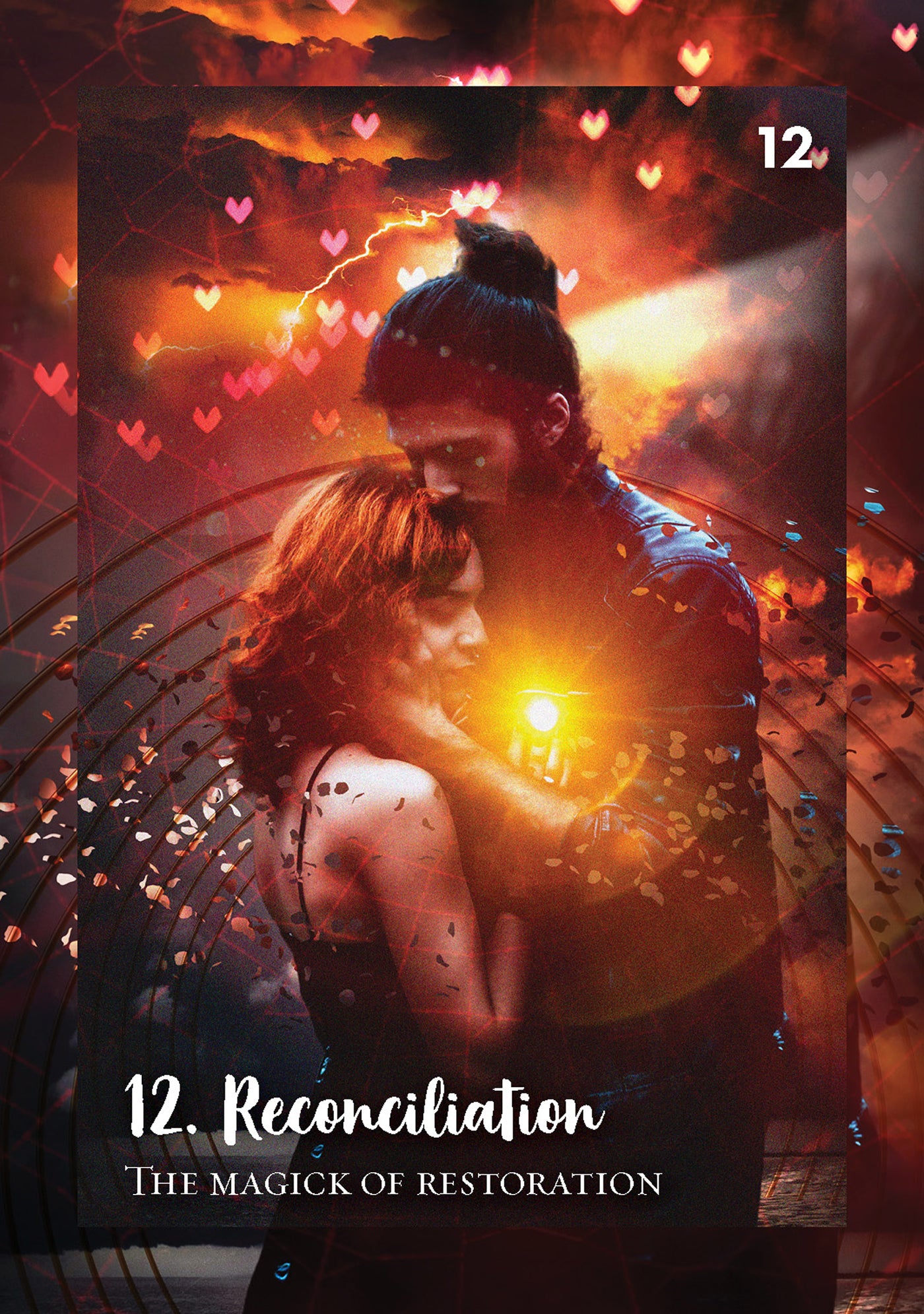 Couple embracing under a warm glow with hearts in the background, titled '12. Reconciliation'.
