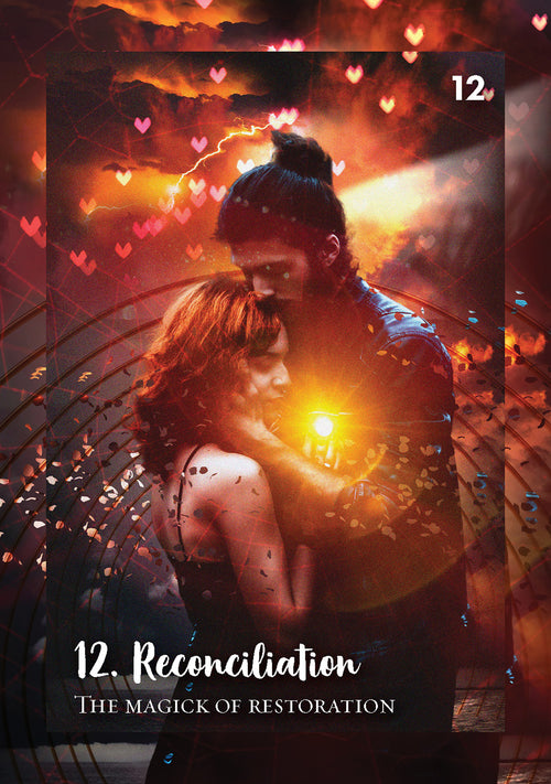 Couple embracing under a warm glow with hearts in the background, titled '12. Reconciliation'.