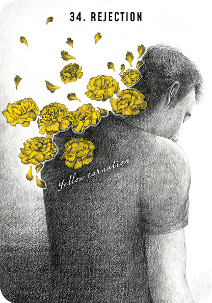 Illustration of a person with yellow flowers on their back, symbolizing rejection.