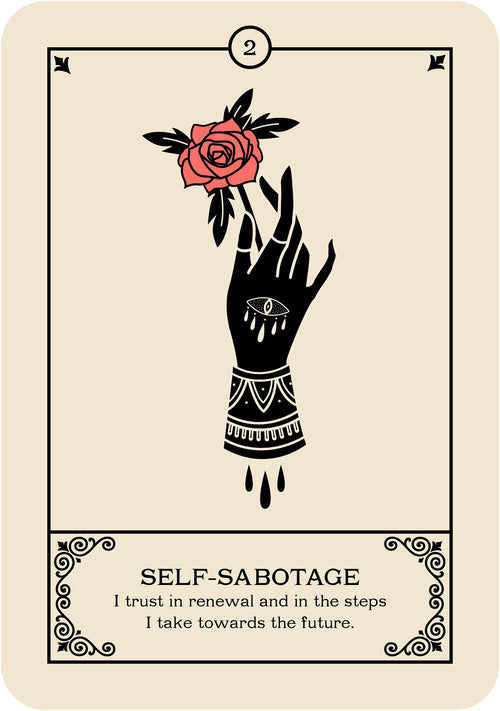 Card with a black hand holding a red rose, symbolizing self-sabotage, on a beige background.