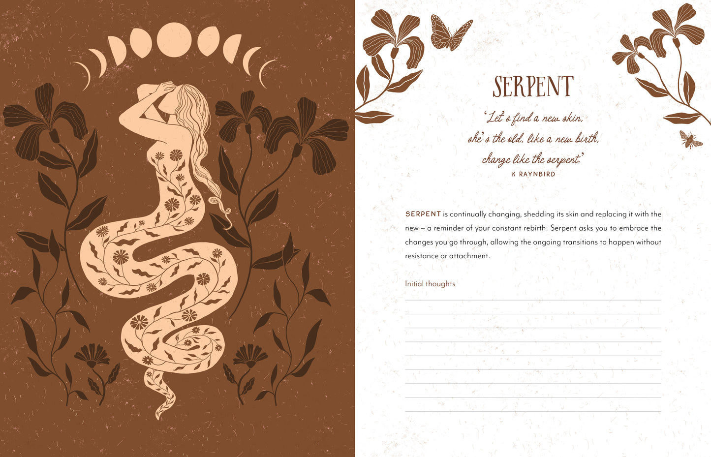 Illustration of a snake intertwined with leaves on a brown background, accompanied by text on a white background.