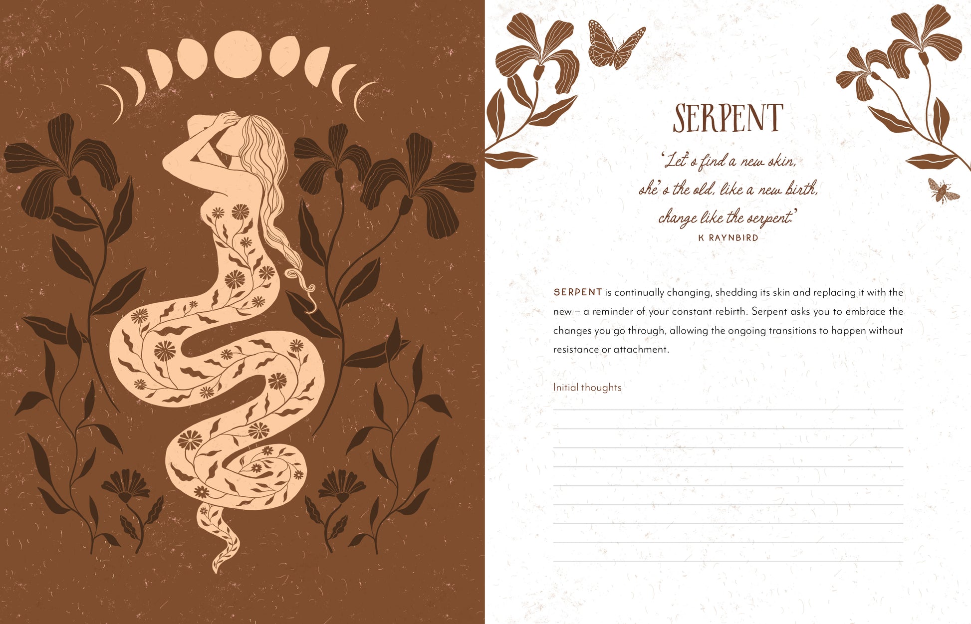 Illustration of a snake intertwined with leaves on a brown background, accompanied by text on a white background.