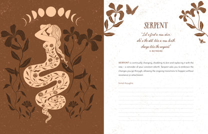Illustration of a snake intertwined with leaves on a brown background, accompanied by text on a white background.
