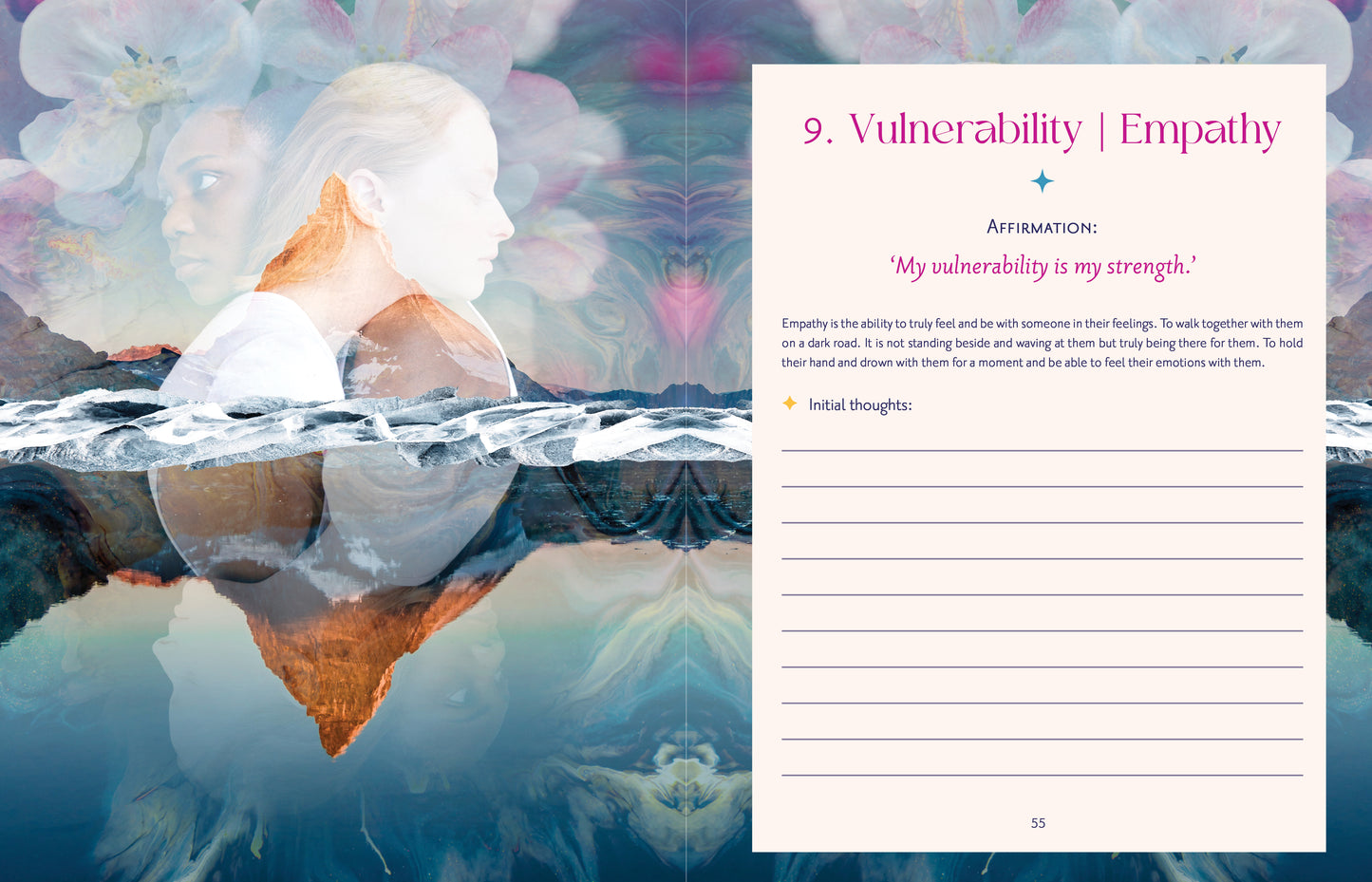Page from a book on vulnerability and empathy with a silhouette of a person underwater and floral elements.