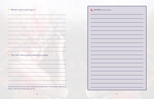 Two blank pages from a planner or journal with lined sections and prompts.
