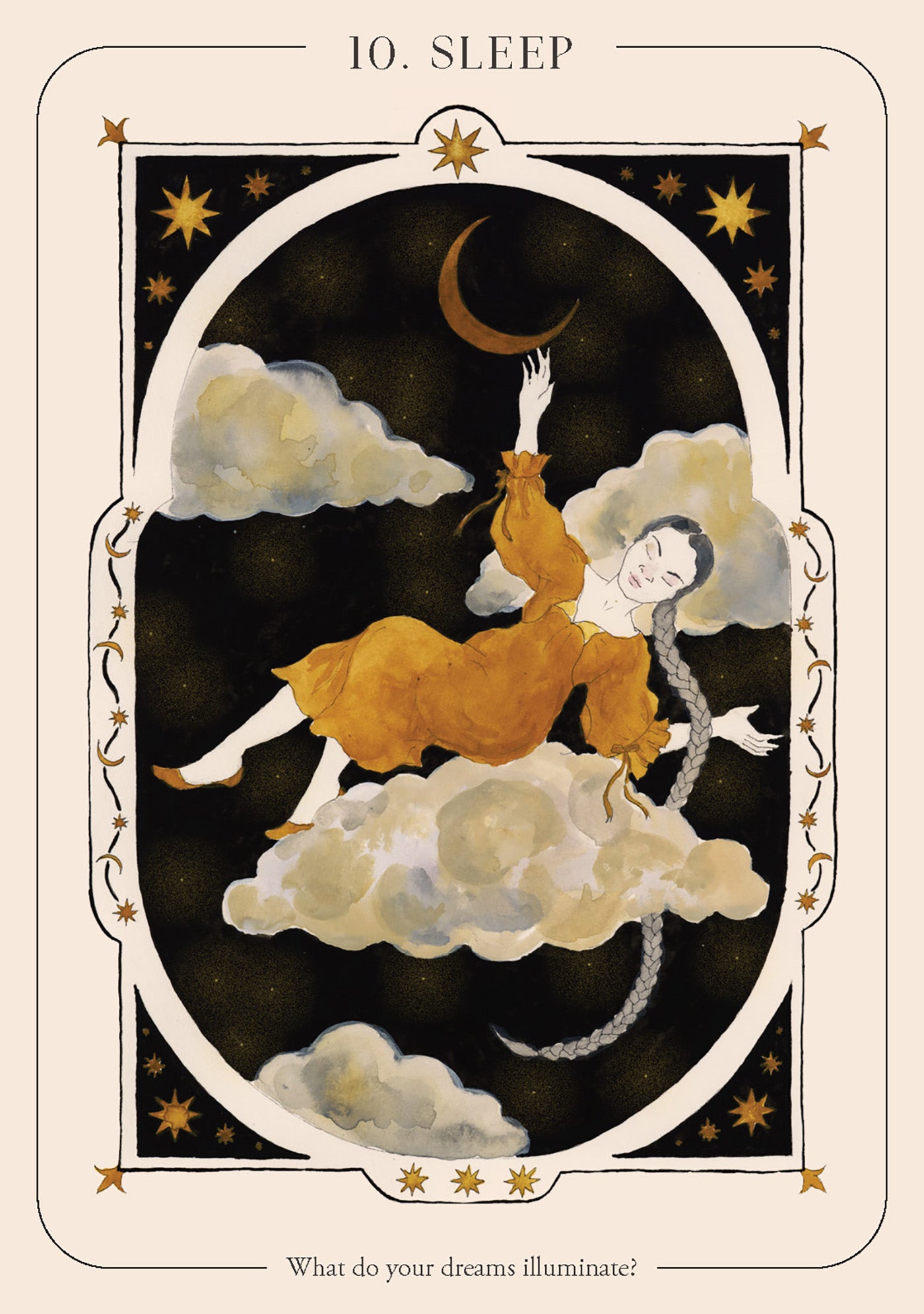 Tarot card titled 'Sleep' with a person on a cloud and a moon in the background.