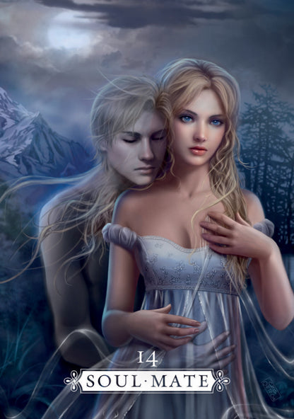 Artistic depiction of a couple with a mountainous background, labeled 'Soul Mate' at the bottom.