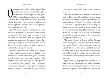Book pages with text about spirit world and relationships, on a white background.