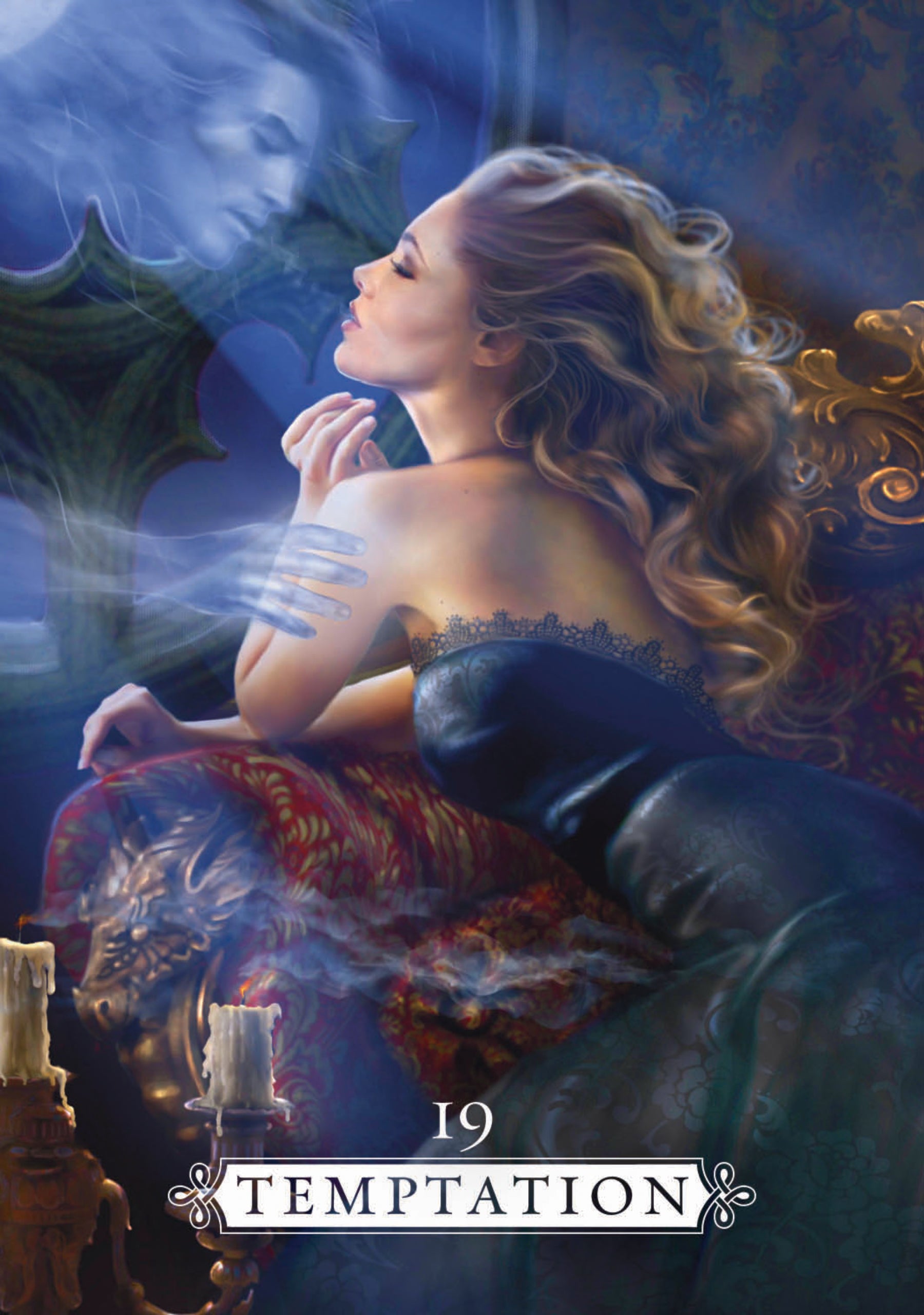 Artistic depiction of a woman in a blue dress with a dragon, titled 'Temptation'.