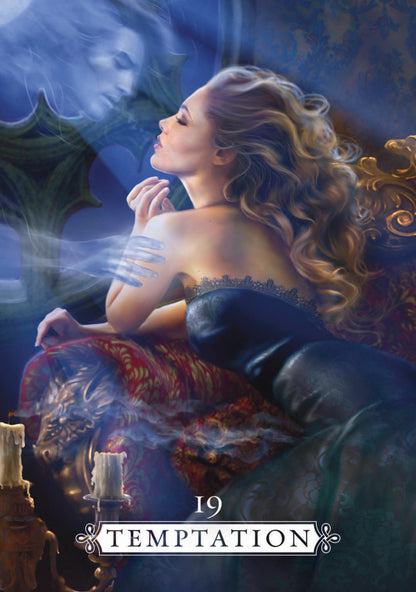 Artistic depiction of a woman in a blue dress with a dragon, titled 'Temptation'.