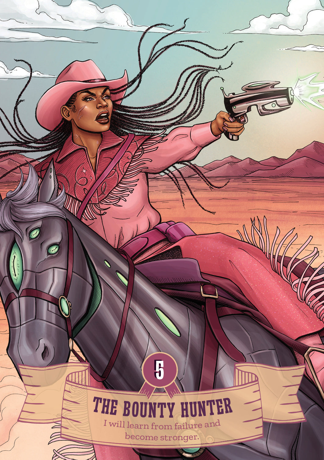 Illustration of a woman in a cowboy hat riding a horse with a gun, set against a desert landscape.