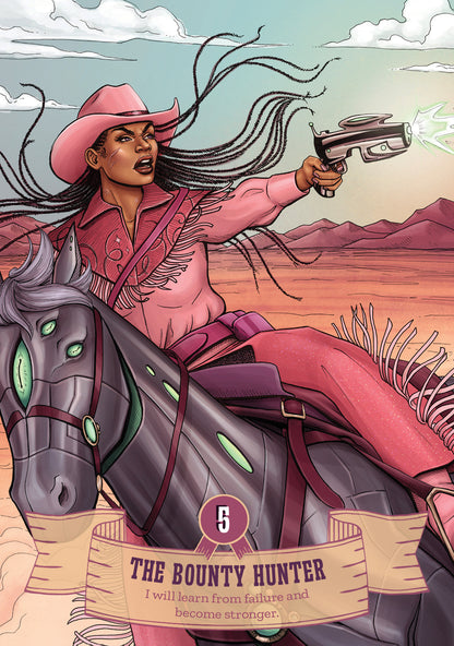 Illustration of a woman in a cowboy hat riding a horse with a gun, set against a desert landscape.