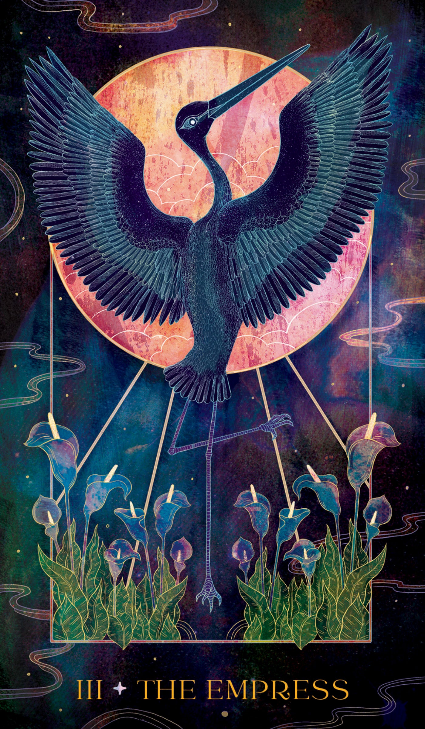 Card featuring a stylized bird with outstretched wings against a colorful background, labeled 'The Empress'.