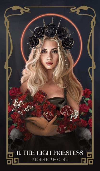 Tarot card featuring a woman with flowers and a dark background