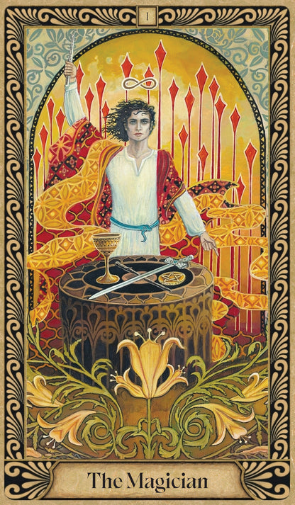 Tarot card featuring 'The Magician' with intricate design and colors.