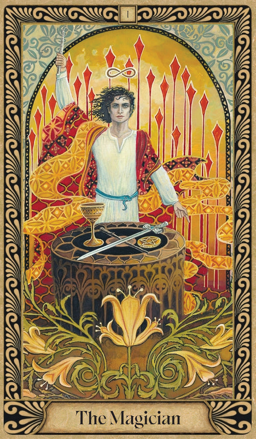 Tarot card featuring 'The Magician' with intricate design and colors.