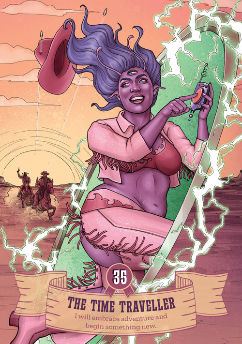 Cartoon character with purple hair and a pink dress, holding a small object, with a desert scene and text overlay.