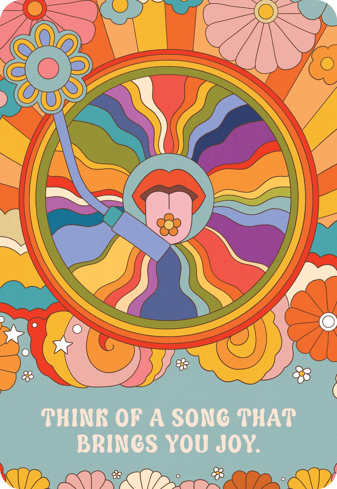 Colorful design with a person holding a flower, surrounded by flowers and text 'Think of a song that brings you joy.'