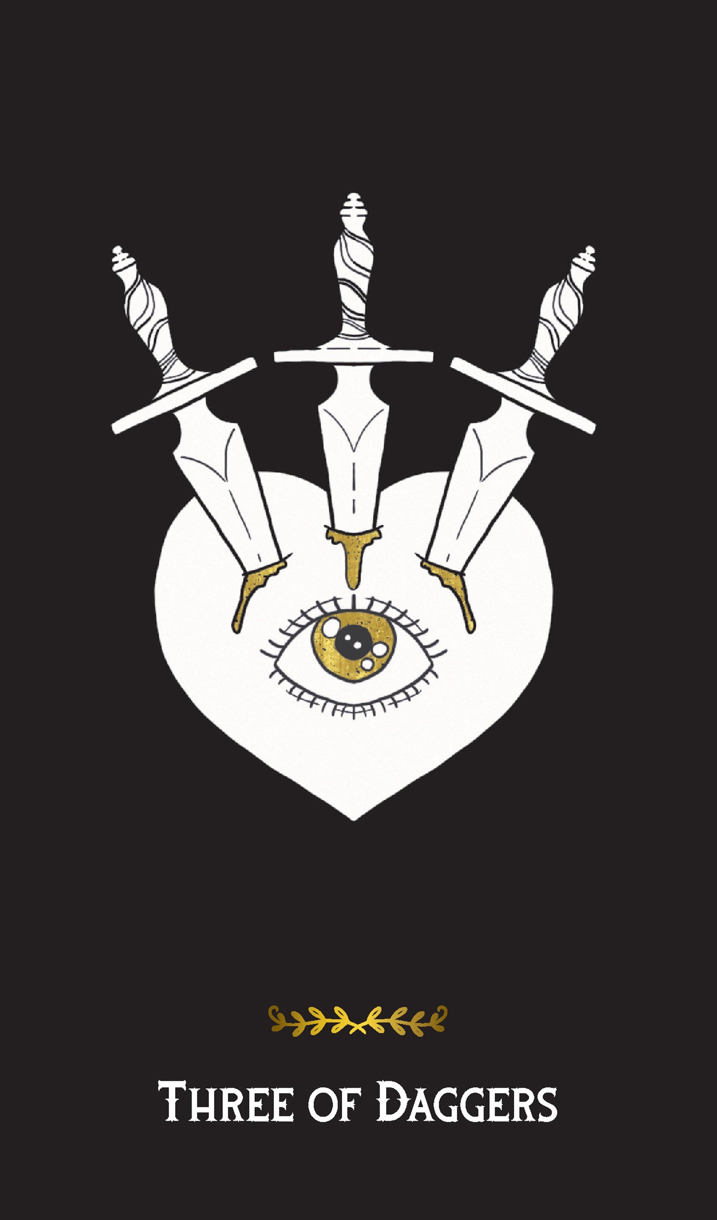 Magical symbol with three daggers and an eye in a circle on a black background, labeled 'Three of Daggers'.