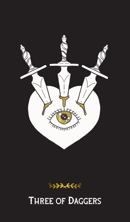 Magical symbol with three daggers and an eye in a circle on a black background, labeled 'Three of Daggers'.