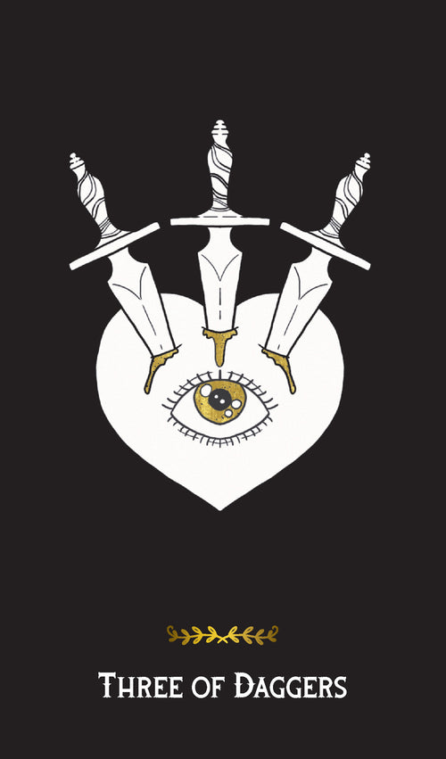Magical symbol with three daggers and an eye in a circle on a black background, labeled 'Three of Daggers'.