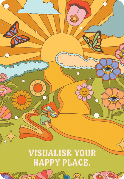 Colorful illustration with flowers, butterflies, and a sun with text 'Visualise your happy place'.