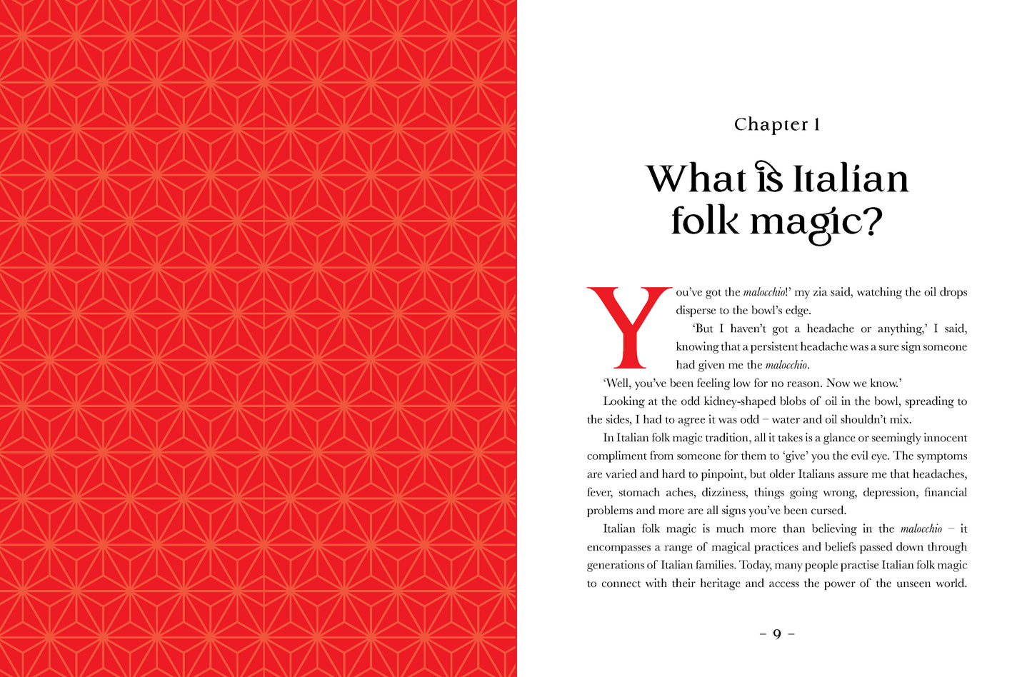 Book page with red geometric pattern on the left and text on the right, discussing Italian folk magic.