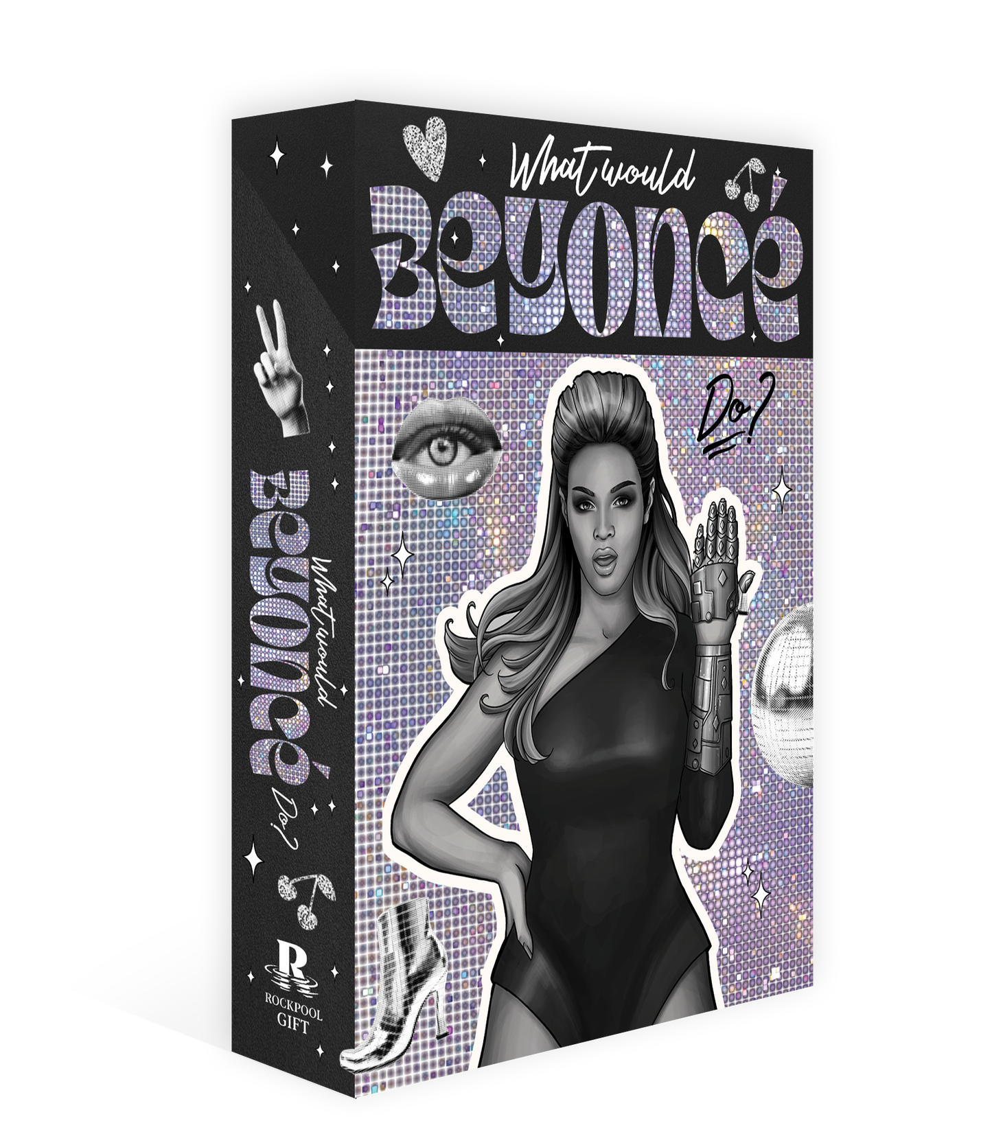 Product packaging with a stylized image of a person and text 'What would Beyoncé do?' on a white background.