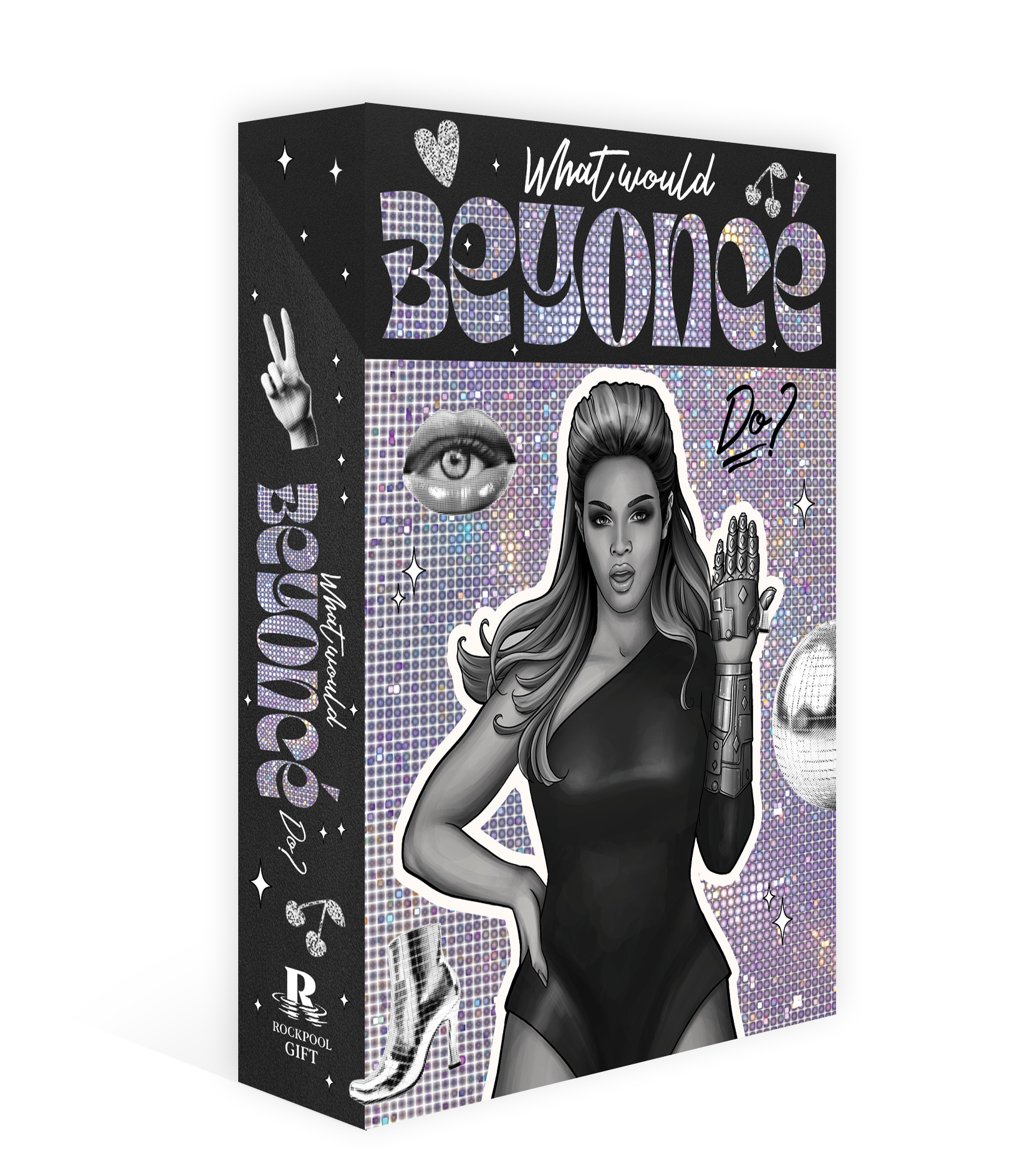 Product packaging with a stylized image of a person and text 'What would Beyoncé do?' on a white background.