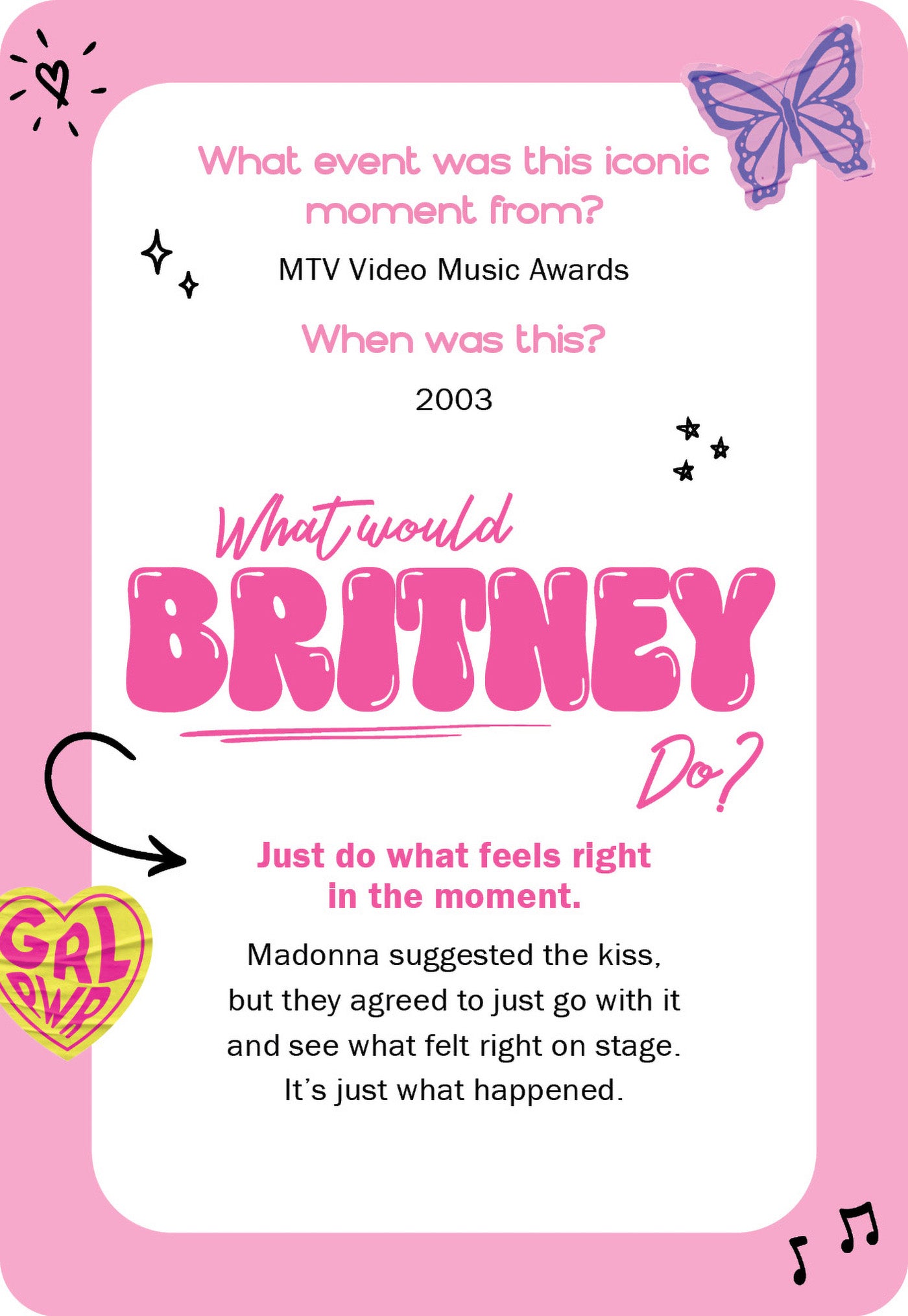 Pink card with text about a moment from the MTV Video Music Awards involving Britney Spears and Madonna, with decorative elements.