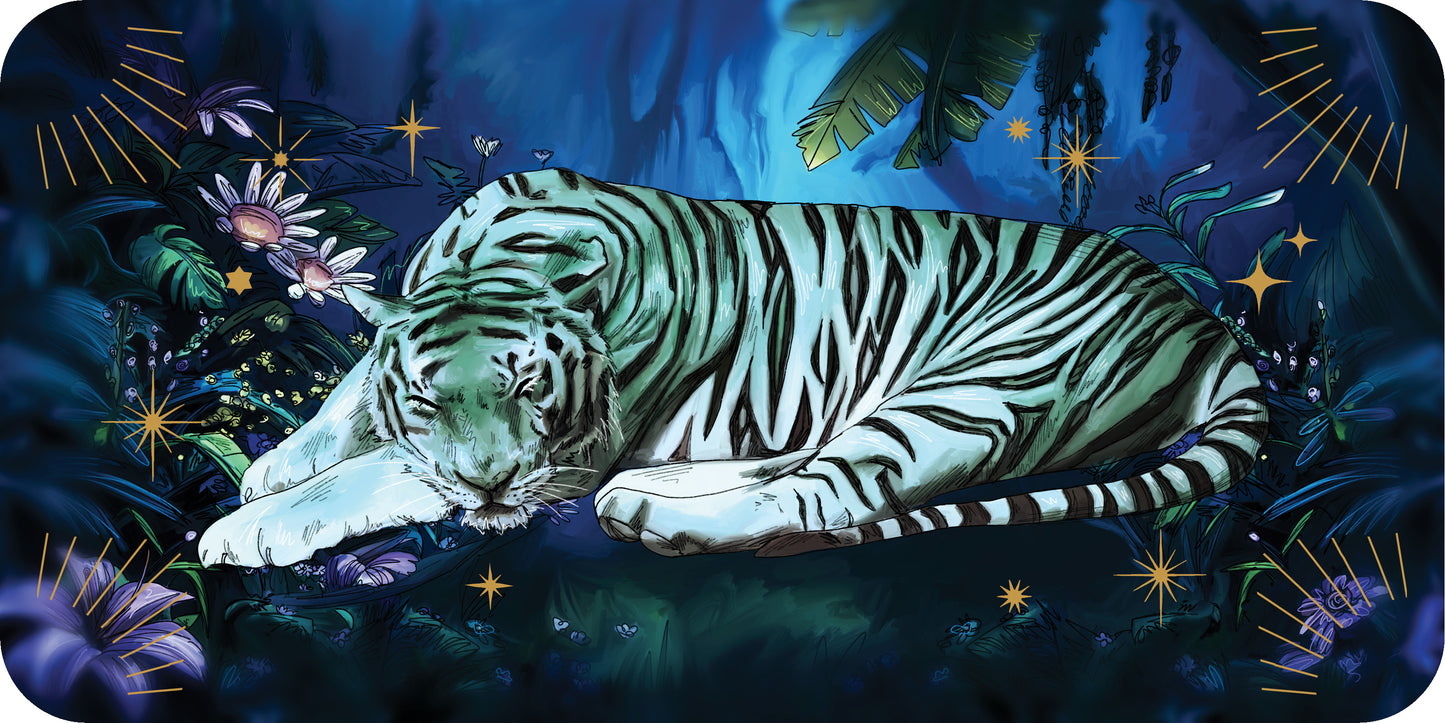 White tiger lying on a dark blue background with plants and stars from  from Sleeping Spirits mini deck  by Helena Elias