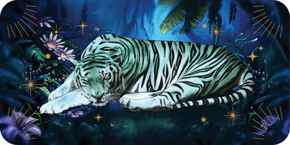 White tiger lying on a dark blue background with plants and stars from  from Sleeping Spirits mini deck  by Helena Elias